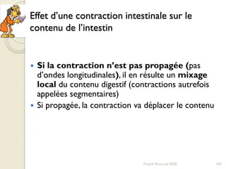 Effet d’une contraction intestinale sur le
contenu de l’intestin
 Si la contraction n’est pas propagée (pas
d’ondes longitudinales), il en résulte un mixage
local du contenu digestif (contractions autrefois
appelées segmentaires)
 Si propagée, la contraction va déplacer le contenu
105Franck Rencurel 2020
 