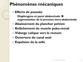 Phénomènes mécaniques
 Efforts de poussée
◦ Diaphragme et paroi abdominale 
augmentation de la pression intra-abdominale
 Abaissement du plancher pelvien
 Relâchement du muscle pubo-rectal
 Vidange colique vers le rectum
 Ouverture du canal anal
 Expulsion de la selle
131Franck Rencurel 2020
 