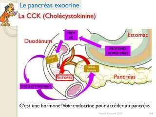 164Franck Rencurel 2020
Le pancréas exocrine
La CCK (Cholécystokinine)
Estomac
Pancréas
Duodénum
C’est une hormone!Voie endocrine pour accéder au pancréas
 
