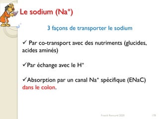 178
Le sodium (Na+)
3 façons de transporter le sodium
 Par co-transport avec des nutriments (glucides,
acides aminés)
Par échange avec le H+
Absorption par un canal Na+ spécifique (ENaC)
dans le colon.
Franck Rencurel 2020
 