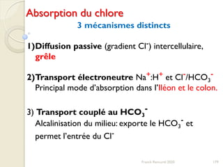 179
Absorption du chlore
3 mécanismes distincts
1)Diffusion passive (gradient Cl-) intercellulaire,
grêle
2)Transport électroneutre Na+:H+ et Cl-/HCO3
-
Principal mode d’absorption dans l’Iléon et le colon.
3) Transport couplé au HCO3
-
Alcalinisation du milieu: exporte le HCO3
- et
permet l’entrée du Cl-
Franck Rencurel 2020
 