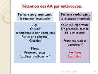 189
Rétention des AA par entérocytes
Facteurs augmentant
la rétention intestinale
Facteurs réduisant
la rétention intestinale
Age
Qualité
(complètes vs non complètes
Riches en collagène)
Glucides
Fibres
Protéines lentes
(caséines, ovalbumine..)
Quantité importante
De protéines dans le
bol alimentaire
Protéines rapides
(lactoserum)
AA libres
Sans effets
Franck Rencurel 2020
 