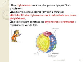 Les chylomicrons sont les plus grosses lipoprotéines
circulantes.
Demie vie est très courte (environ 5 minutes).
2/3 des TG des chylomicrons sont redistribués aux tissus
périphériques,
Le tiers restant constitue les chylomicrons « remnantes »
redistribuées vers le foie.
193Franck Rencurel 2020
 
