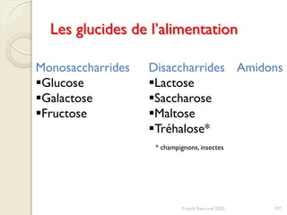 Les glucides de l’alimentation
Monosaccharrides
Glucose
Galactose
Fructose
Disaccharrides
Lactose
Saccharose
Maltose
Tréhalose*
Amidons
* champignons, insectes
197Franck Rencurel 2020
 