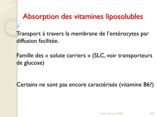 205Franck Rencurel 2020
Absorption des vitamines liposolubles
Transport à travers la membrane de l’entérocytes par
diffusion facilitée.
Famille des « solute carriers » (SLC, voir transporteurs
de glucose)
Certains ne sont pas encore caractérisés (vitamine B6?)
 