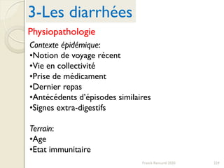 224Franck Rencurel 2020
Contexte épidémique:
•Notion de voyage récent
•Vie en collectivité
•Prise de médicament
•Dernier repas
•Antécédents d’épisodes similaires
•Signes extra-digestifs
Terrain:
•Age
•Etat immunitaire
3-Les diarrhées
Physiopathologie
 