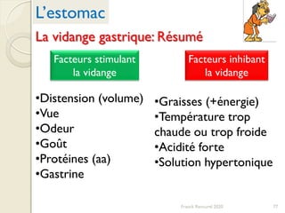 77
Facteurs stimulant
la vidange
Facteurs inhibant
la vidange
•Graisses (+énergie)
•Température trop
chaude ou trop froide
•Acidité forte
•Solution hypertonique
•Distension (volume)
•Vue
•Odeur
•Goût
•Protéines (aa)
•Gastrine
L’estomac
La vidange gastrique: Résumé
Franck Rencurel 2020
 
