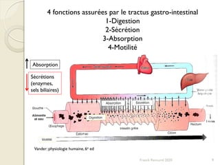 9
Vander: physiologie humaine, 6e ed
4 fonctions assurées par le tractus gastro-intestinal
1-Digestion
2-Sécrétion
3-Absorption
4-Motilité
Absorption
Sécrétions
(enzymes,
sels biliaires)
Franck Rencurel 2020
 