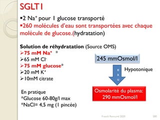 SGLT1
2 Na+ pour 1 glucose transporté
260 molécules d’eau sont transportées avec chaque
molécule de glucose.(hydratation)
Solution de réhydratation (Source OMS)
75 mM Na+ *
65 mM Cl-
75 mM glucose*
20 mM K+
10mM citrate
245 mmOsmol/l
En pratique
*Glucose 60-80g/l max
*NaCl= 4,5 mg (1 pincée)
200
Osmolarité du plasma:
290 mmOsmol/l
Hypotoniquee
a
u
Franck Rencurel 2020
 