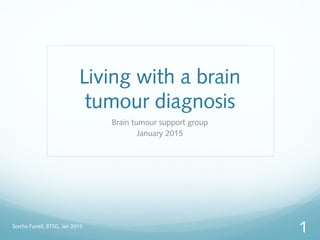 Living with a brain
tumour diagnosis
Brain tumour support group
January 2015
Sorcha Farrell, BTSG, Jan 2015
1
 