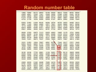Random number table
13962 70992 65172 28053 02190 83634 66012 70305 66761 88344
43905 46941 72300 11641 43548 30455 07686 31840 03261 89139
00504 48658 38051 59408 16508 82979 92002 63606 41078 86326
61274 57238 47267 35303 29066 02140 60867 39847 50968 96719
43753 21159 16239 50595 62509 61207 86816 29902 23395 72640
83503 51662 21636 68192 84294 38754 84755 34053 94582 29215
36807 71420 35804 44862 23577 79551 42003 58684 09271 68396
19110 55680 18792 41487 16614 83053 00812 16749 45347 88199
82615 86984 93290 87971 60022 35415 20852 02909 99476 45568
05621 26584 36493 63013 68181 57702 49510 75304 38724 15712
06936 37293 55875 71213 83025 46063 74665 12178 10741 58362
84981 60458 16194 92403 80951 80068 47076 23310 74899 87929
66354 88441 96191 04794 14714 64749 43097 83976 83281 72038
49602 94109 36460 62353 00721 66980 82554 90270 12312 56299
78430 72391 96973 70437 97803 78683 04670 70667 58912 21883
33331 51803 15934 75807 46561 80188 73440 29317 27971 16440
62843 84445 56652 91797 45284 25842 40938 73504 21631 81223
19528 15445 77764 33446 41204 70067 16926 70680 66664 75486
16737 01887 50934 43306 75190 86997 24057 79018 34273 25196
99389 06685 45945 62000 76228 60645 66318 46329 46544 95665
36160 38196 77705 28891 12106 56281 29579 66116 39626 06080
05505 45420 44016 79662 92069 27628 07440 32540 19848 27319
85962 19758 92795 00458 71289 05884 97407 23322 73243 98185
28763 04900 54460 22083 89279 43492 82470 40857 86568 49336
42222 40446 82240 79159 44168 38213 43797 26598 29983 67645
43626 40039 51492 36488 70280 24218 53872 04744 89336 35630
97761 43444 95895 24102 07006 71923 17132 32062 41425 66862
49275 44270 52512 03951 21651 53867 36136 70073 45542 22831
15797 75134 39856 73527 78417 36208 11283 76913 22499 68467
04497 24853 43879 07613 26400 17180 93285 66083 02196 10638
 
