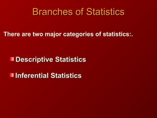 Branches of StatisticsBranches of Statistics
InferentialInferential StatisticsStatistics
DescriptiveDescriptive StatisticsStatistics
There are two major categories of statistics:.
 