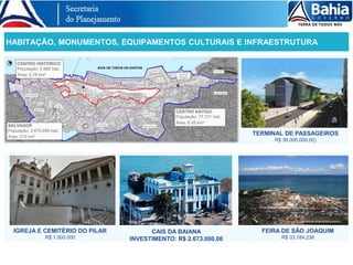 7ª ETAPA – MONUMENTA /PHIS I, II
R$ 7.922.199
V. NOVA ESPERANÇA
R$ 5.573.646
TERMINAL DE PASSAGEIROS
R$ 36.000.000,00)
HABITAÇÃO, MONUMENTOS, EQUIPAMENTOS CULTURAIS E INFRAESTRUTURA
IGREJA E CEMITÉRIO DO PILAR
R$ 1.500.000
FEIRA DE SÃO JOAQUIM
R$ 33.184.236
CAIS DA BAIANA
INVESTIMENTO: R$ 2.673.000,00
 
