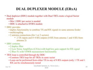 DUAL DUPLEXER MODULE (ERxA)
• Dual duplexer (DDU) module together with Dual TRX create a logical Sector
module
–Min 1 DDU per sector is needed
–DDU is attached to DTRX module
• DDU provides
–duplex functionality to combine TX and RX signals to same antenna feeder
–multicoupling
–2 antenna connections (for 1 or 2 sectors)
• 2 TX inputs and 4+4 RX outputs (4 RX from antenna 1 and 4 RX from
antenna 2)
• DDU contains
–2 duplex filter
–2 Low Noise Amplifiers (LNAs) with high/low gain support for RX signal
–2 Bias-Ts with VSWR measurement functionality
• TRX loop is controlled through the DDU
–Common TRX loop for all TRXs in same sector
–Loop can be performed from either TX to any of 8 RX outputs (only 1 TX and 1
RX can be simultaneously tested
nov-12
SAURABH BANSAL B,.TECH ECE v
SEM
20
 