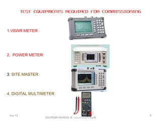 SAURABH BANSAL B,.TECH ECE v SEM
TEST EQUIPMENTS REQUIRED FOR COMMISSIONING
1.VSWR METER
2. POWER METER
3. SITE MASTER
4. DIGITAL MULTIMETER
nov-12 6
 