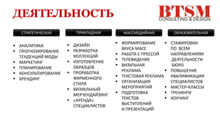 ДЕЯТЕЛЬНОСТЬ
 АНАЛИТИКА
 ПРОГНОЗИРОВАНИЕ
ТЕНДЕНЦИЙ МОДЫ
 МАРКЕТИНГ
 ПЛАНИРОВАНИЕ
 КОНСУЛЬТИРОВАНИЕ
 БРЕНДИНГ
 ДИЗАЙН
 РАЗРАБОТКА
КОЛЛЕКЦИЙ
 ИЗГОТОВЛЕНИЕ
ОБРАЗЦОВ
 ПРОРАБОТКА
ФИРМЕННОГО
СТИЛЯ
 ВИЗУАЛЬНЫЙ
МЕРЧЕНДАЙЗИНГ
 «АРЕНДА»
СПЕЦИАЛИСТОВ
 ФОРМИРОВАНИЕ
ВКУСА МАСС
 РАБОТА С ПРЕССОЙ
 ТЕЛЕВИДЕНИЕ
 ВИЗУЛЬНАЯ
РЕКЛАМА
 ТЕКСТОВАЯ РЕКЛАМА
 ОРГАНИЗАЦИЯ
МЕРОПРИЯТИЙ
 ПОДГОТОВКА
ТЕКСТОВ
ВЫСТУПЛЕНИЙ
И ПРЕЗЕНТАЦИЙ
 СТАЖИРОВКИ
ПО ВСЕМ
НАПРАВЛЕНИЯМ
ДЕЯТЕЛЬНОСТИ
БЮРО
 ПОВЫШЕНИЕ
КВАЛИФИКАЦИИ
СПЕЦИАЛИСТОВ
 МАСТЕР-КЛАССЫ
 ТРЕНИНГИ
 КОУЧИНГ
СТРАТЕГИЧЕСКАЯ ПРИКЛАДНАЯ МАССМЕДИЙНАЯ ОБРАЗОВАТЕЛЬНАЯ
 