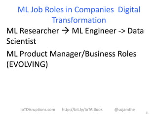 ML Job Roles in Companies Digital
Transformation
ML Researcher  ML Engineer -> Data
Scientist
ML Product Manager/Business Roles
(EVOLVING)
21
IoTDisruptions.com http://bit.ly/IoTAIBook @sujamthe
 