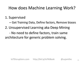 How does Machine Learning Work?
1. Supervised
– Get Training Data, Define factors, Remove biases
2. Unsupervised Learning aka Deep Mining
- No need to define factors, train same
architecture for generic problem solving.
25IoTDisruptions.com http://bit.ly/IoTAIBook @sujamthe
 