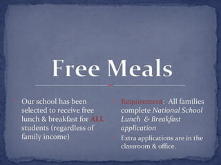 • Our school has been 
selected to receive free 
lunch & breakfast for ALL 
students (regardless of 
family income) 
• Requirement: All families 
complete National School 
Lunch & Breakfast 
application 
• Extra applications are in the 
classroom & office. 
 