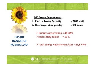 BTS Power Requirement:
                            q
               Electric Power Capacity     = 2000 watt
               Hours operation per day     = 24 hours

                  Energy consumption = 48 kWh
  BTS RD         Load Safety Factor = 10 %
 BANGKO &
RUMBAI JAYA      Total Energy Requirement/day = 52,8 kWh
 