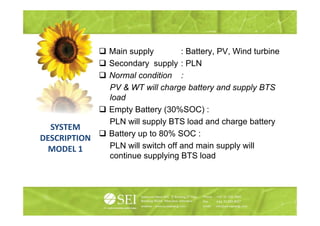 Main supply         : Battery, PV, Wind turbine
              Secondary supply : PLN
              S     d          l
              Normal condition :
              PV & WT will charge battery and supply BTS
              load
              Empty Battery (
                 py        y (30%SOC) : )
              PLN will supply BTS load and charge battery
  SYSTEM
              Battery up to 80% SOC :
DESCRIPTION
  MODEL 1     PLN will switch off and main supply will
              continue supplying BTS load
 