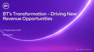 BT’s Transformation - Driving New
Revenue Opportunities
1
3rd September 2020
SpringOne
Public. Version 1. Cathal O'Neill
 