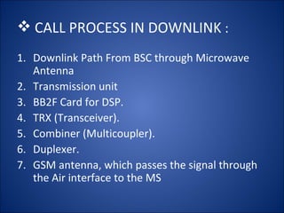  CALL PROCESS IN DOWNLINK :
1. Downlink Path From BSC through Microwave
   Antenna
2. Transmission unit
3. BB2F Card for DSP.
4. TRX (Transceiver).
5. Combiner (Multicoupler).
6. Duplexer.
7. GSM antenna, which passes the signal through
   the Air interface to the MS
 