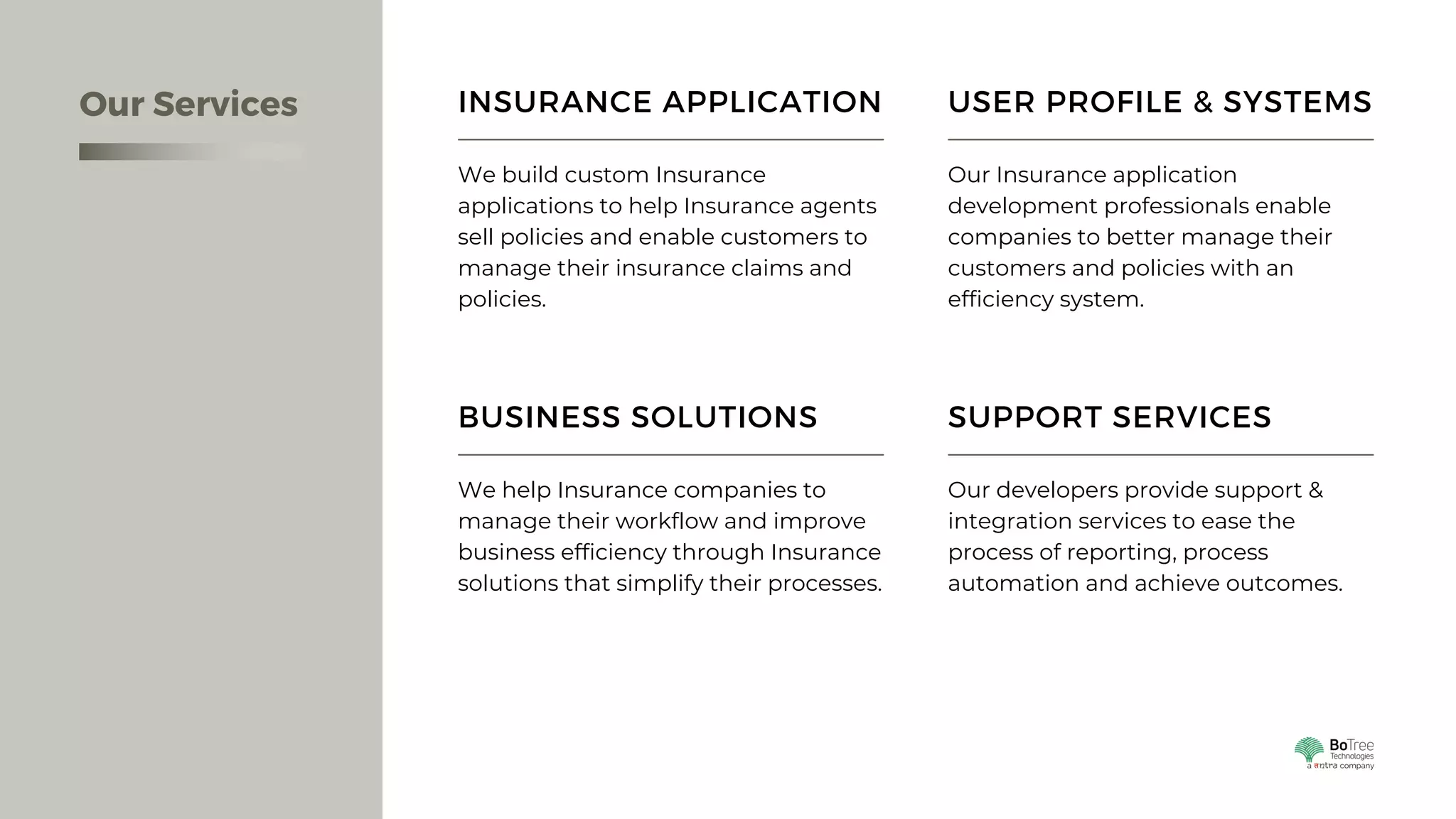 INSURANCE APPLICATION
We build custom Insurance
applications to help Insurance agents
sell policies and enable customers to
manage their insurance claims and
policies.
BUSINESS SOLUTIONS
We help Insurance companies to
manage their workflow and improve
business efficiency through Insurance
solutions that simplify their processes.
SUPPORT SERVICES
Our developers provide support &
integration services to ease the
process of reporting, process
automation and achieve outcomes.
USER PROFILE & SYSTEMS
Our Insurance application
development professionals enable
companies to better manage their
customers and policies with an
efficiency system.
Our Services
 