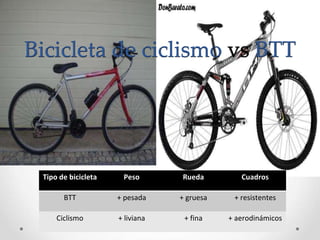 Bicicleta de ciclismo vs BTT
Tipo de bicicleta Peso Rueda Cuadros
BTT + pesada + gruesa + resistentes
Ciclismo + liviana + fina + aerodinámicos
 