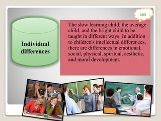 The slow learning child, the average
child, and the bright child to be
taught in different ways. In addition
to children's intellectual differences,
there are differences in emotional,
social, physical, spiritual, aesthetic,
and moral development.
Individual
differences
back
 