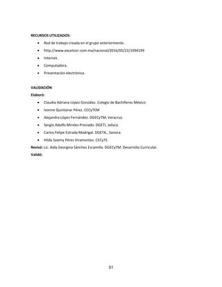51
RECURSOS UTILIZADOS:
 Red de trabajo creada en el grupo anteriormente.
 http://www.excelsior.com.mx/nacional/2016/05/22/1094199
 Internet.
 Computadora.
 Presentación electrónica.
VALIDACIÓN
Elaboró:
 Claudia Adriana López González. Colegio de Bachilleres México
 Ivonne Quintanar Pérez. CECyTEM
 Alejandra López Fernández. DGECyTM, Veracruz.
 Sergio Adolfo Mireles Preciado. DGETI, Jalisco.
 Carlos Felipe Estrada Madrigal. DGETA., Sonora.
 Hilda Soemy Pérez Viramontes. CECyTE.
Revisó: Lic. Aída Georgina Sánchez Escamilla. DGECyTM. Desarrollo Curricular.
Validó:
 