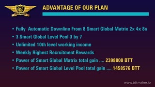 ADVANTAGE OF OUR PLAN
www.bttmaker.io
• Fully Automatic Downline From 8 Smart Global Matrix 2x 4x 8x
• 3 Smart Global Level Pool 3 by 7
• Unlimited 10th level working income
• Weekly Highest Recruitment Rewards
• Power of Smart Global Matrix total gain .... 2398800 BTT
• Power of Smart Global Level Pool total gain .... 1458576 BTT
 