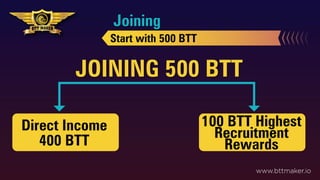 JOINING 500 BTT
Direct Income
400 BTT
100 BTT Highest
Recruitment
Rewards
Start with 500 BTT
Joining
www.bttmaker.io
 