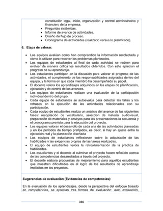 386
constitución legal, inicio, organización y control administrativo y
financiero de la empresa.
 Preguntas sistémicas.
 Informe de avance de actividades.
 Diseño de flujo de proceso.
 Cronograma de actividades (realizado versus lo planificado).
6. Etapa de valorar:
 Los equipos evalúan como han comprendido la información recolectada y
cómo la utilizan para resolver los problemas planteados.
 Los equipos de estudiantes al final de cada actividad se reúnen para
evaluar de manera crítica los resultados obtenidos. Con esto aprecian el
progreso de su aprendizaje.
 Los estudiantes participan en la discusión para valorar el progreso de las
actividades, el cumplimiento de las responsabilidades asignadas dentro del
equipo. y la forma en que cada miembro ha desempeñado su papel.
 El docente valora los aprendizajes adquiridos en las etapas de planificación,
ejecución y de control de los avances.
 Los equipos de estudiantes realizan una evaluación de la participación
individual dentro del grupo.
 Cada equipo de estudiantes se autoevalúa para detectar las fallas y los
retrasos en la ejecución de las actividades relacionadas con su
participación.
 Cada equipo de estudiantes realiza un análisis del avance de las siguientes
fases: recopilación de vocabulario, selección de material audiovisual,
preparación de materiales y ensayos para las presentaciones la secuencia y
el cronograma previsto para la ejecución del proyecto.
 Los equipos valoran el desarrollo de cada una de las actividades planeadas
y en los períodos de tiempo prefijados, es decir, si hay un ajuste entre la
ejecución real y la planeación diseñada
 Los equipos de estudiantes reflexionan sobre la adquisición de las
habilidades y las exigencias propias de las tareas realizadas.
 El equipo de estudiantes valora la retroalimentación de la práctica de
habilidades.
 Los estudiantes y el docente al culminar el proyecto hacen reflexión acerca
de las competencias desarrolladas a través del proyecto.
 El docente elabora propuestas de mejoramiento para aquellos estudiantes
que muestren dificultades en el logro de los resultados de aprendizaje
implícitos en los proyectos.
Sugerencias de evaluación (Evidencias de competencias):
En la evaluación de los aprendizajes, desde la perspectiva del enfoque basado
en competencias, se aprecian tres formas de evaluación: auto evaluación,
 