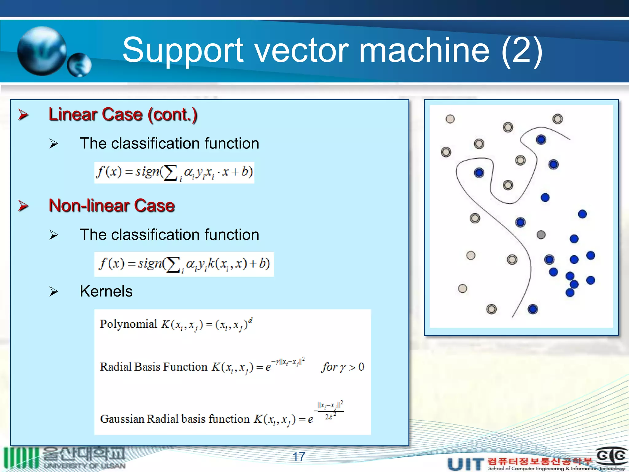 Support vector machine (2)
17
 Linear Case (cont.)
 The classification function
 Non-linear Case
 The classification function
 Kernels
 