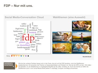 Social Media-Conversation Cloud Wahlthemen (eine Auswahl)
FDP – Nur mit uns.
Wie bei den anderen Parteien lassen sich in d...