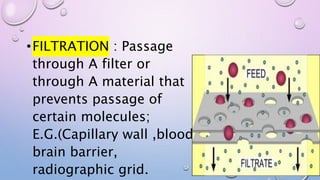 •FILTRATION : Passage
through A filter or
through A material that
prevents passage of
certain molecules;
E.G.(Capillary wall ,blood
brain barrier,
radiographic grid.
 