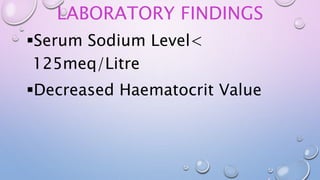LABORATORY FINDINGS
Serum Sodium Level<
125meq/Litre
Decreased Haematocrit Value
 