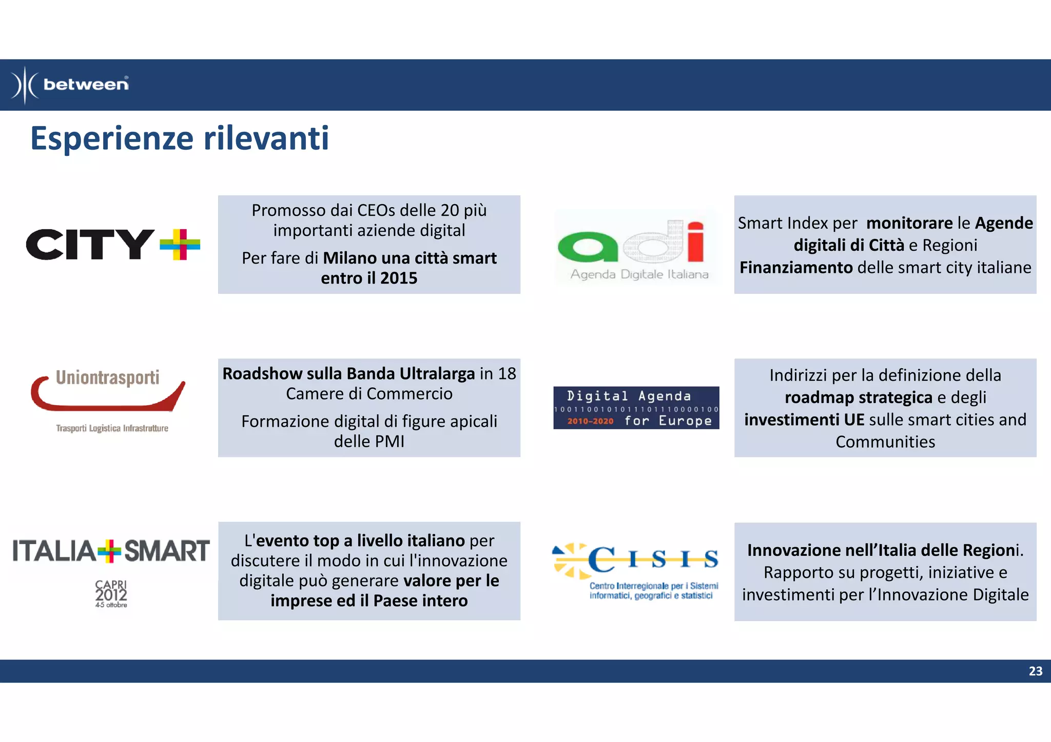 Esperienze rilevanti
Promosso dai CEOs delle 20 più
importanti aziende digital
Per fare di Milano una città smart
entro il 2015

Smart Index per monitorare le Agende
digitali di Città e Regioni
Finanziamento delle smart city italiane

Roadshow sulla Banda Ultralarga in 18
Camere di Commercio
Formazione digital di figure apicali
delle PMI

Indirizzi per la definizione della
roadmap strategica e degli
investimenti UE sulle smart cities and
Communities

L'evento top a livello italiano per
discutere il modo in cui l'innovazione
digitale può generare valore per le
imprese ed il Paese intero

Innovazione nell’Italia delle Regioni.
Rapporto su progetti, iniziative e
investimenti per l’Innovazione Digitale

23

 