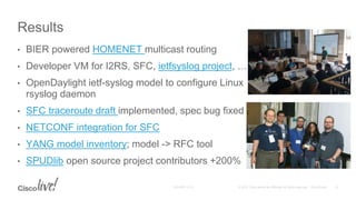 • BIER powered HOMENET multicast routing
• Developer VM for I2RS, SFC, ietfsyslog project, …
• OpenDaylight ietf-syslog model to configure Linux
rsyslog daemon
• SFC traceroute draft implemented, spec bug fixed
• NETCONF integration for SFC
• YANG model inventory; model -> RFC tool
• SPUDlib open source project contributors +200%
Results
 
