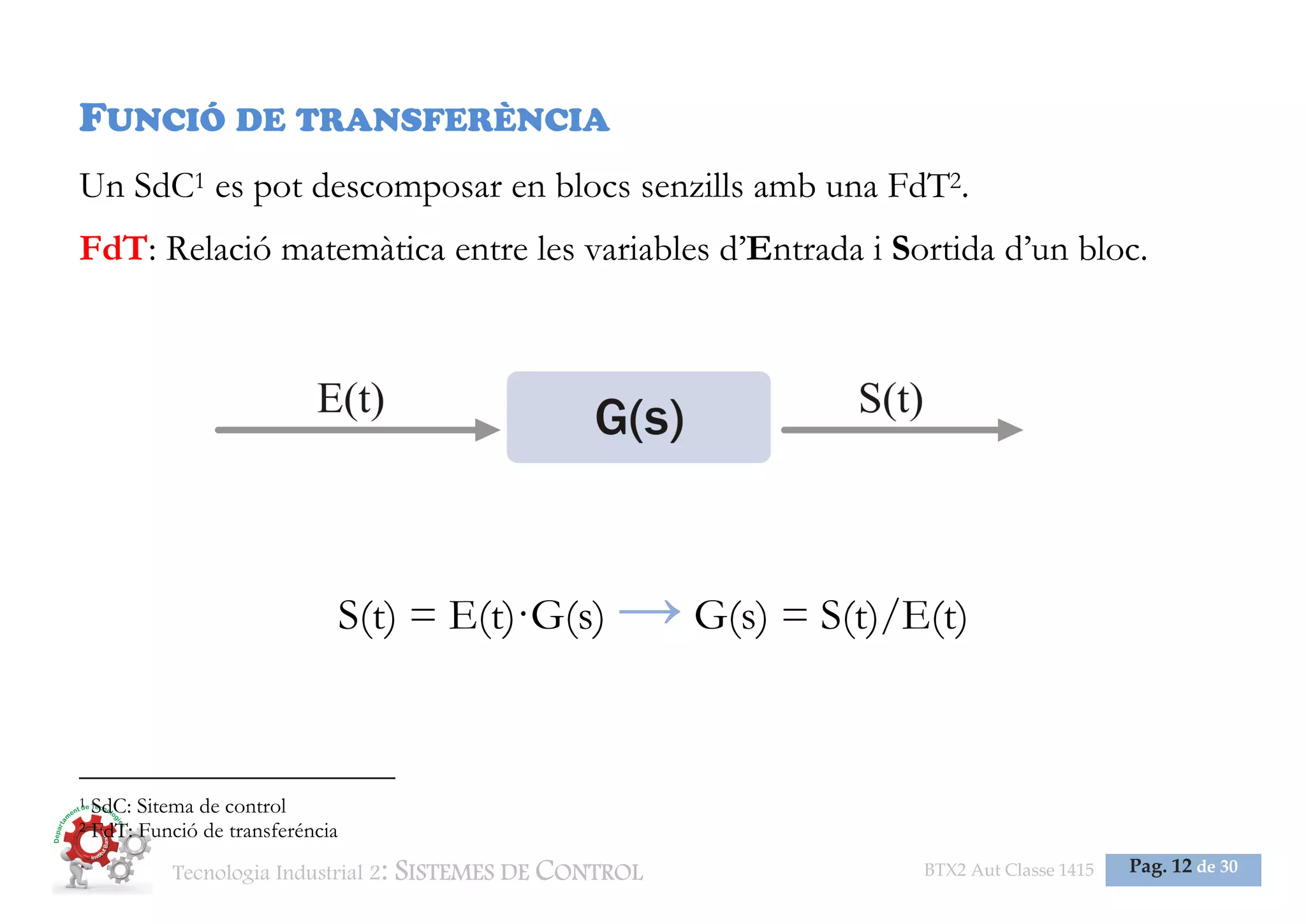 Tecnologia Industrial 2: SISTEMES DE CONTROL BTX2 Aut Classe 1415 Pag. 12 de 30
FUNCIÓ DE TRANSFERÈNCIA
Un SdC1 es pot descomposar en blocs senzills amb una FdT2.
FdT: Relació matemàtica entre les variables d’Entrada i Sortida d’un bloc.
S(t) = E(t)·G(s) → G(s) = S(t)/E(t)
1 SdC: Sitema de control
2 FdT: Funció de transferéncia
 