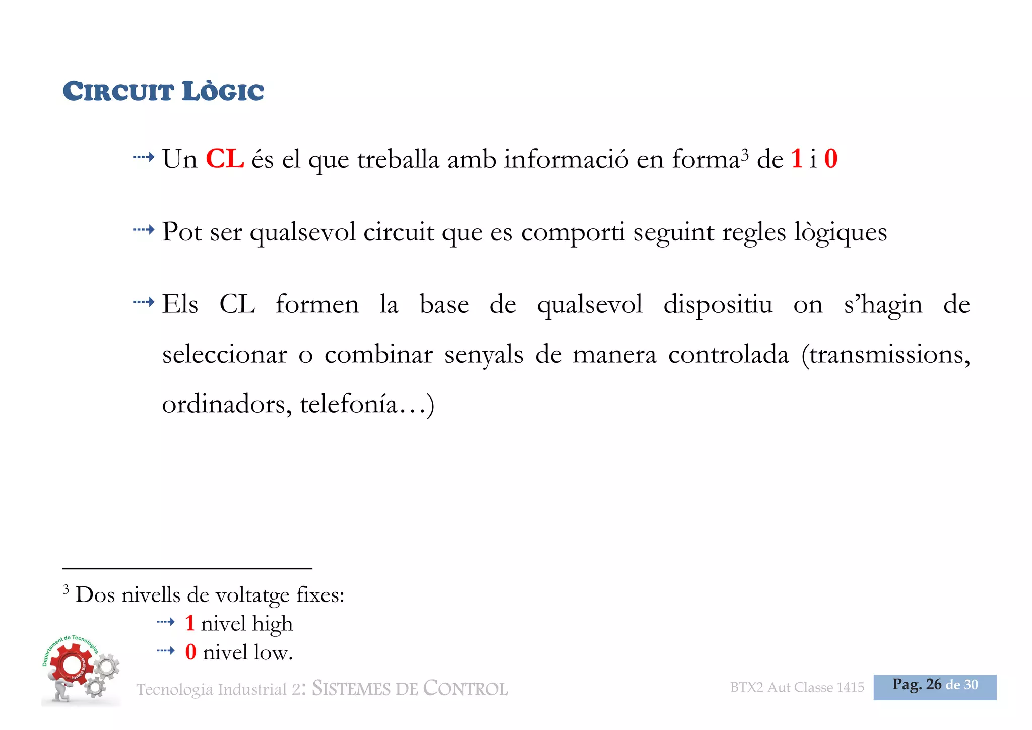 Tecnologia Industrial 2: SISTEMES DE CONTROL BTX2 Aut Classe 1415 Pag. 26 de 30
CIRCUIT LÒGIC
Un CL és el que treballa amb informació en forma3 de 1 i 0
Pot ser qualsevol circuit que es comporti seguint regles lògiques
Els CL formen la base de qualsevol dispositiu on s’hagin de
seleccionar o combinar senyals de manera controlada (transmissions,
ordinadors, telefonía…)
3
Dos nivells de voltatge fixes:
1 nivel high
0 nivel low.
 