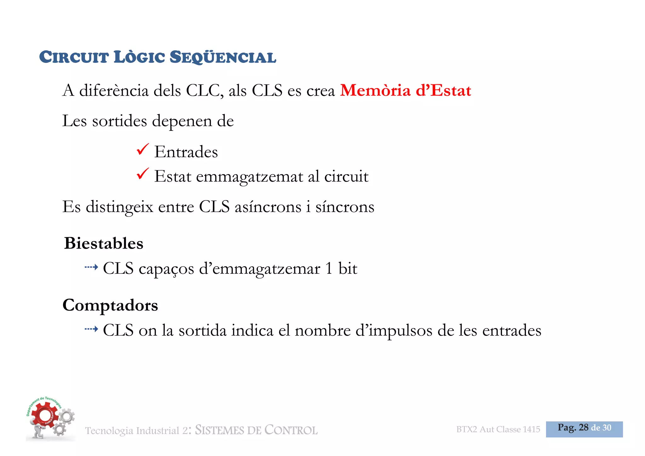 Tecnologia Industrial 2: SISTEMES DE CONTROL BTX2 Aut Classe 1415 Pag. 28 de 30
CIRCUIT LÒGIC SEQÜENCIAL
A diferència dels CLC, als CLS es crea Memòria d’Estat
Les sortides depenen de
Entrades
Estat emmagatzemat al circuit
Es distingeix entre CLS asíncrons i síncrons
Biestables
CLS capaços d’emmagatzemar 1 bit
Comptadors
CLS on la sortida indica el nombre d’impulsos de les entrades
 