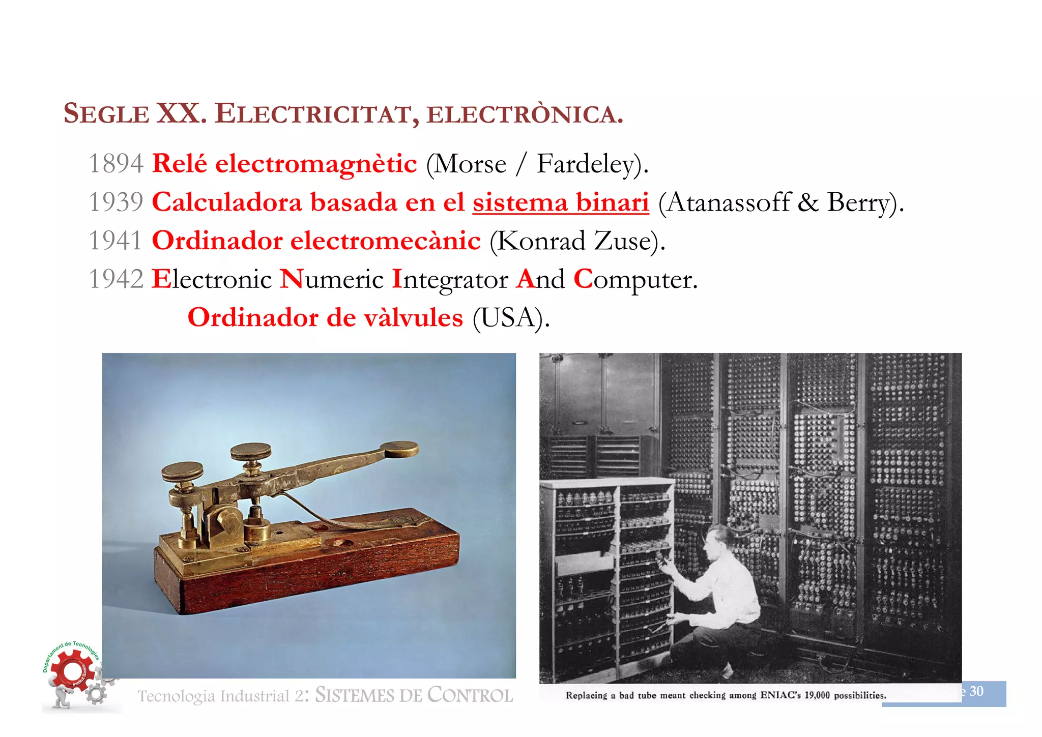 Tecnologia Industrial 2: SISTEMES DE CONTROL BTX2 Aut Classe 1415 Pag. 6 de 30
SEGLE XX. ELECTRICITAT, ELECTRÒNICA.
1894 Relé electromagnètic (Morse / Fardeley).
1939 Calculadora basada en el sistema binari (Atanassoff & Berry).
1941 Ordinador electromecànic (Konrad Zuse).
1942 Electronic Numeric Integrator And Computer.
Ordinador de vàlvules (USA).
 