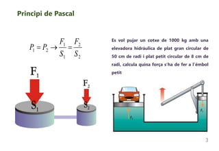 Principi de Pascal
3
Es vol pujar un cotxe de 1000 kg amb una
elevadora hidráulica de plat gran circular de
50 cm de radi i plat petit circular de 8 cm de
radi, calcula quina força s’ha de fer a l’émbol
petit
2
2
1
1
21
S
F
S
F
PP 
 