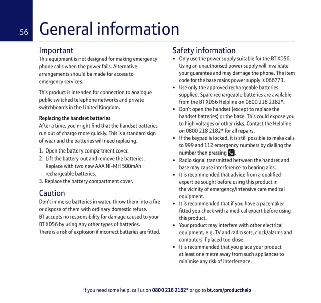 BT XD56 Digital Cordless Phone User Guide