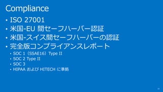 Compliance
10
? ISO 27001
? ׹\EU g`եϩ`Щ`J^
? ׹\g`եϩ`Щ`J^
? ȫ楳ץ饤󥹥ݩ`
? SOC 1SSAE16Type II
? SOC 2 Type II
? SOC 3
? HIPAA  HITECH ˜ʒ
 