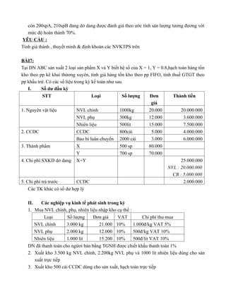 còn 200spA, 210spB đang dở dang được đánh giá theo ước tính sản lượng tương đương với
   mức độ hoàn thành 70%.
YÊU CẦU :
Tính giá thành , thuyết minh & định khoản các NVKTPS trên

BÀI7:
Tại DN ABC sản xuất 2 loại sản phẩm X và Y biết hệ số của X = 1, Y = 0.8,hạch toán hàng tồn
kho theo pp kê khai thừơng xuyên, tính giá hàng tồn kho theo pp FIFO, tính thuế GTGT theo
pp khấu trừ. Có các số liệu trong kỳ kế toán như sau.
    I.     Số dư đầu kỳ
            STT                       Loại          Số lượng    Đơn         Thành tiền
                                                                giá
1. Nguyên vật liệu            NVL chính            1000kg      20.000           20.000.000
                              NVL phụ              300kg       12.000            3.600.000
                              Nhiên liệu           500lít      15.000            7.500.000
2. CCDC                       CCDC                 800cái       5.000            4.000.000
                              Bao bì luân chuyển 2000 cái       3.000            6.000.000
3. Thành phẩm                 X                    500 sp      80.000
                              Y                    700 sp      70.000
4. Chi phí SXKD dở dang X+Y                                                     25.000.000
                                                                         NVL : 20.000.000
                                                                           CB : 5.000.000
5. Chi phí trả trước          CCDC                                               2.000.000
    Các TK khác có số dư hợp lý

   II.    Các nghiệp vụ kinh tế phát sinh trong kỳ
   1. Mua NVL chính, phụ, nhiên liệu nhập kho cụ thể :
            Loại      Số lượng     Đơn giá     VAT         Chi phí thu mua
       NVL chính      3.000 kg        21.000 10%       1.000đ/kg VAT 5%
       NVL phụ        2.000 kg        12.000 10%       500đ/kg VAT 10%
       Nhiên liệu     1.000 lít       15.200 10%       500đ/lít VAT 10%
   DN đã thanh toán cho ngừơi bán bằng TGNH được chiết khấu thanh toán 1%
   2. Xuất kho 3.500 kg NVL chính, 2.200kg NVL phụ và 1000 lít nhiên liệu dùng cho sản
       xuất trực tiếp
   3. Xuất kho 500 cái CCDC dùng cho sản xuất, hạch toán trực tiếp
 