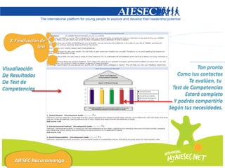 3. Finalización de
                Test



Visualización                         Tan pronto
De Resultados               Como tus contactos
De Test de                        Te evalúen, tu
Competencias              Test de Competencias
                                Estará completo
                           Y podrás compartirlo
                         Según tus necesidades.




    AIESEC Bucaramanga
 