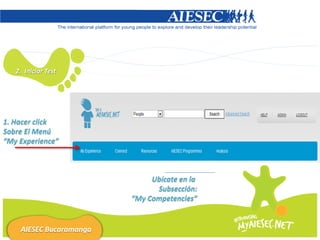 2. Iniciar Test




1. Hacer click
Sobre El Menú
“My Experience”



                              Ubícate en la
                               Subsección:
                         “My Competencies”


    AIESEC Bucaramanga
 